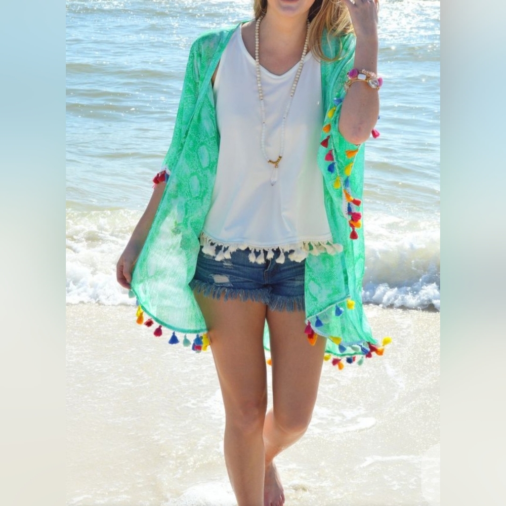 Large JUDITH MARCH Green Snakeskin Swim Coverup with Pom-Pom Trim